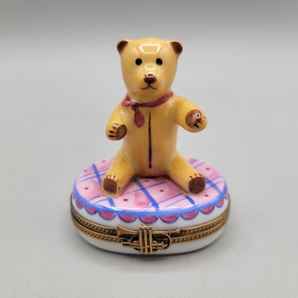 Rochard Limoges France Trinket Box Teddy Bear Ball Hand Painted Porcelain